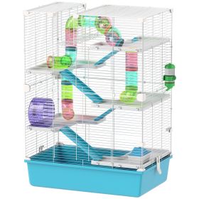 PawHut 6 Tier Hamster Cage with Tubes and Tunnels, Hut, Wheel, Food Dish, Water Bottle, Ramps, for Dwarf & Gerbil, Light Blue